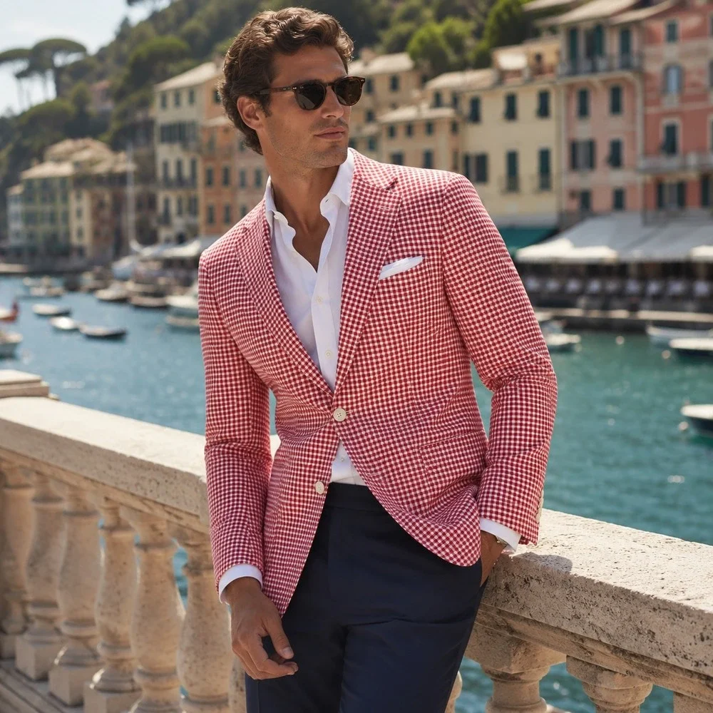 Tallia Gingham Linen Sport Coat Blazer Mens 38S Red White Check Summer Jacket